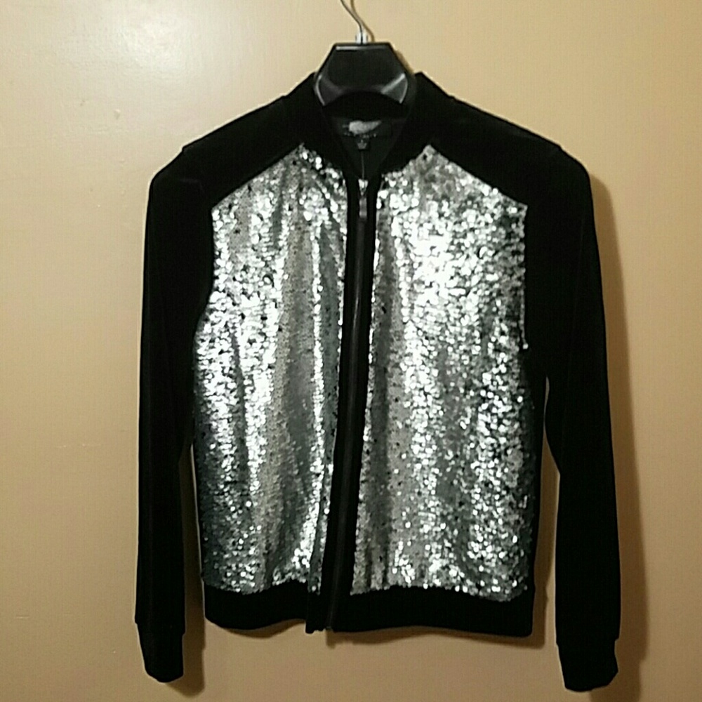 Velour Zip Front Sequined Bomber Jacket