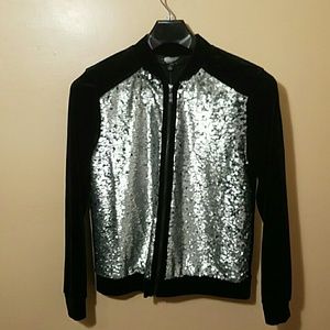 Velour Zip Front Sequined Bomber Jacket