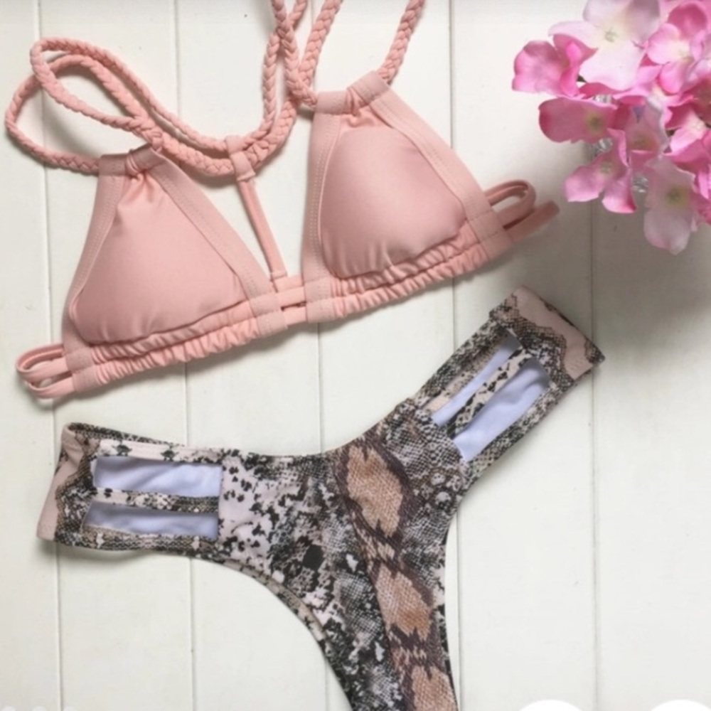 Pink snake skin braided strappy bikini set.