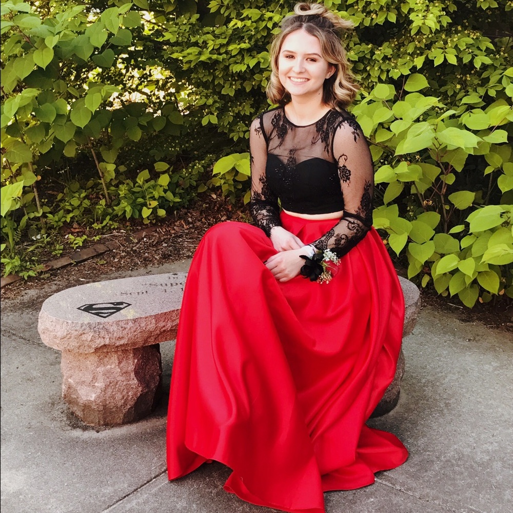 Red and black long sleeve two piece prom gown