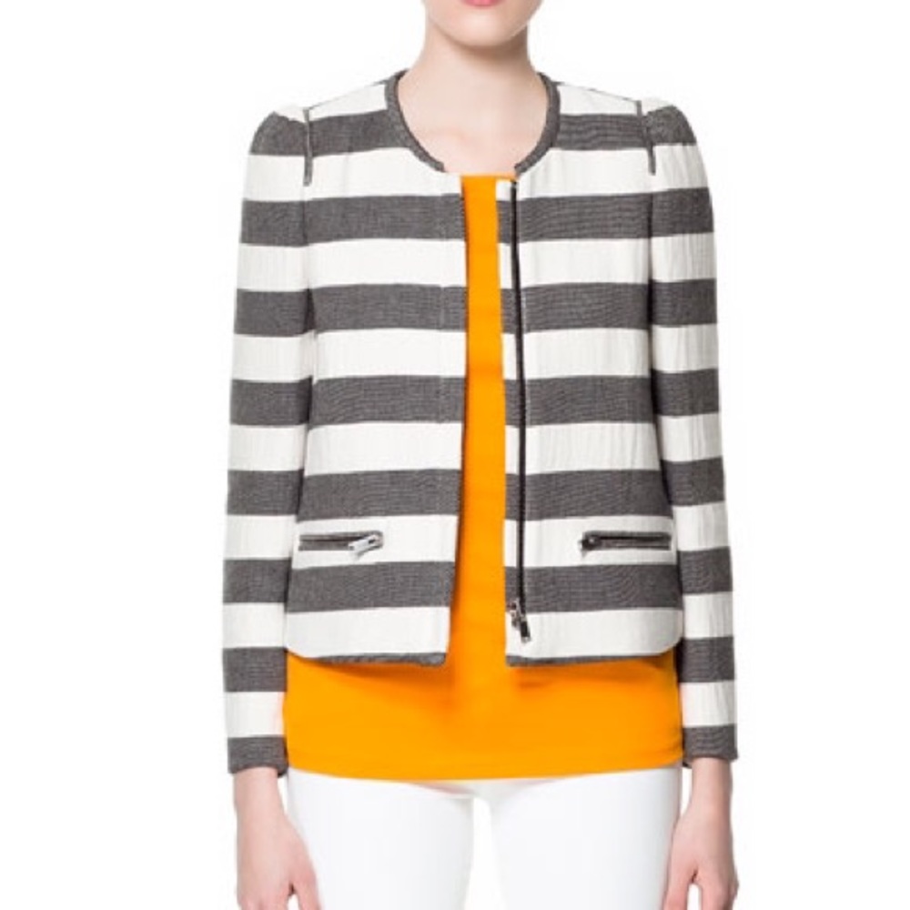 Zara Striped Jacket Blazer in Grey / White XS