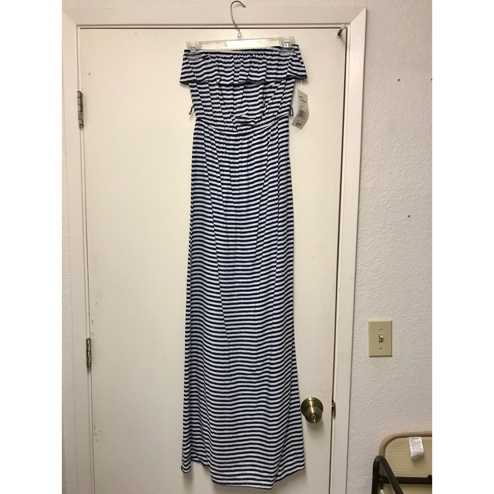 Strapless navy & white striped summer dress