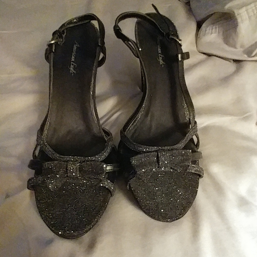 Black glitter open toe heels w/ bow
