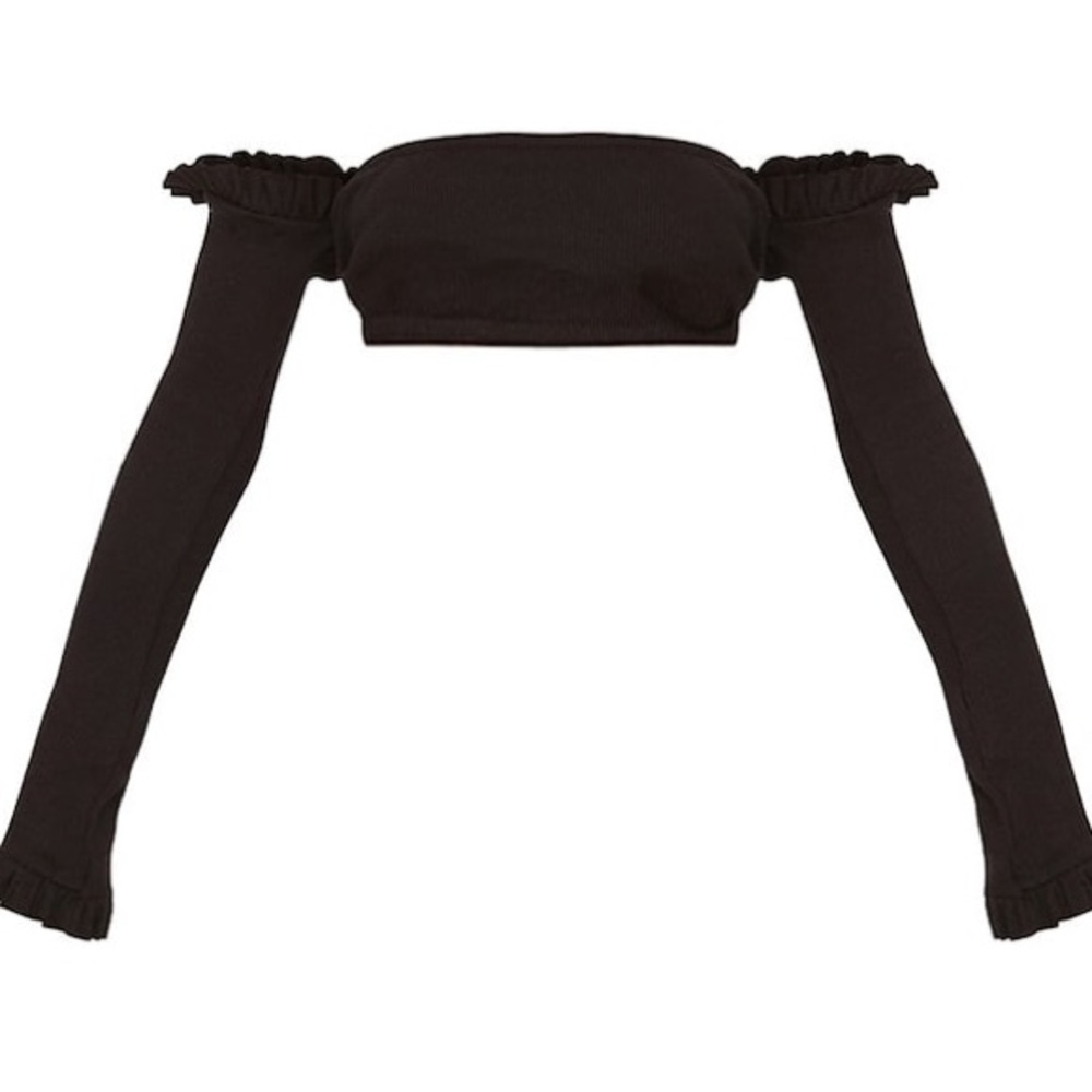 Black Ribbed Bardot Off the Shoulder Cropped Top - Picture 5 of 6