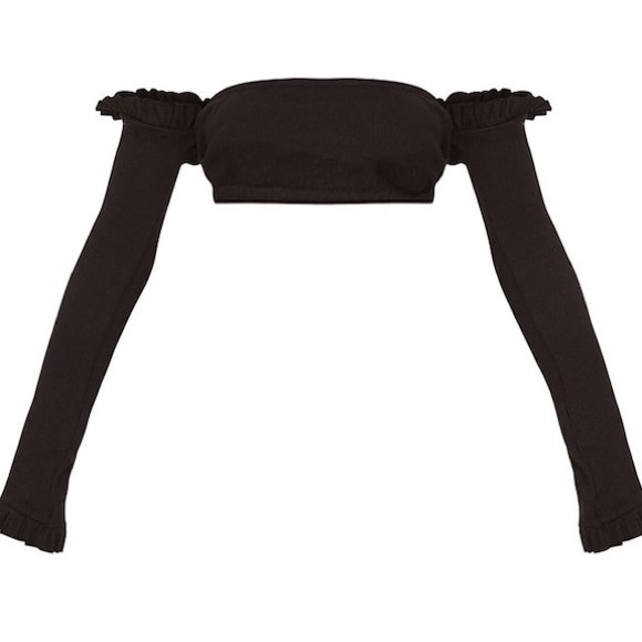 Black Ribbed Bardot Off the Shoulder Cropped Top - Picture 5 of 6