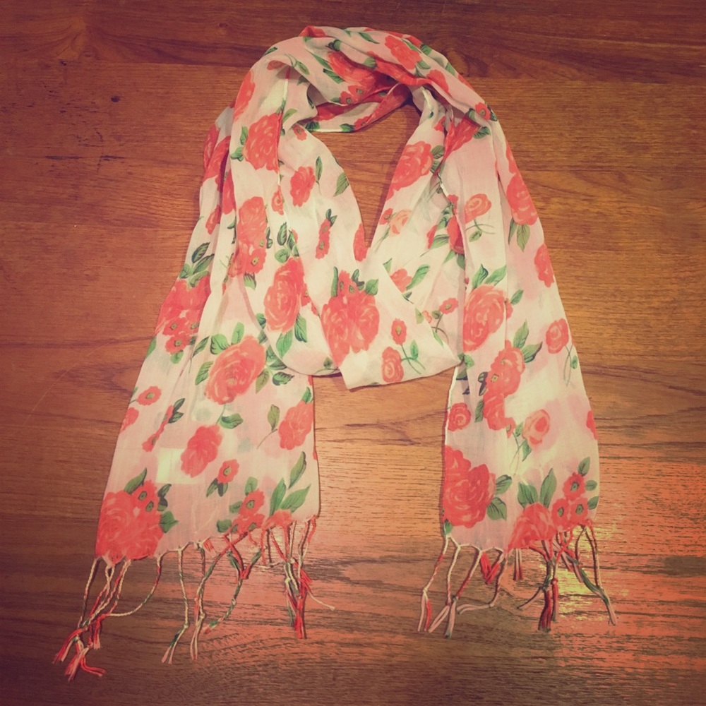 White scarf with pink floral design