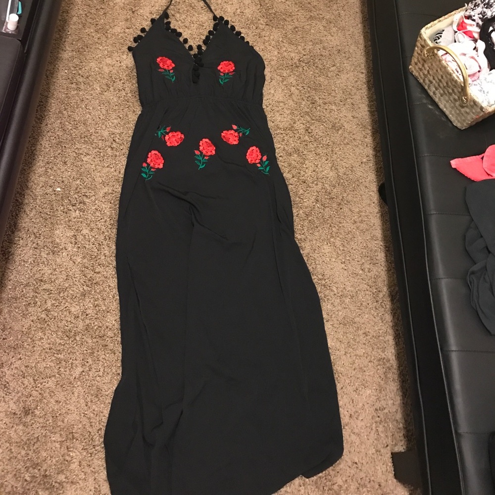 Black embroidered halter maxi dress