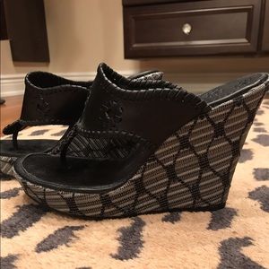 Jack Rodgers Black Leather Marbella Jute Wedge