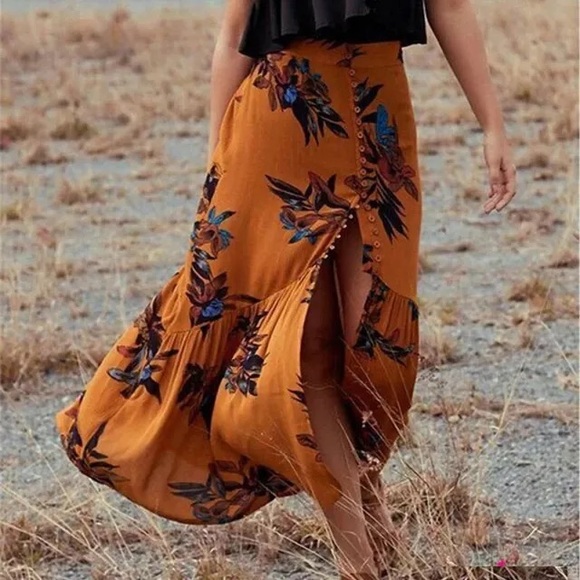 Electric Orchid Button MAXI Skirt Gold Red Floral - Picture 3 of 5