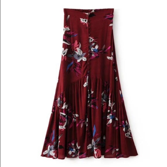 Electric Orchid Button MAXI Skirt Gold Red Floral - Picture 4 of 5