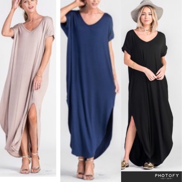 Oversized loose fit slit pockets maxi dress S-XL - Picture 6 of 8