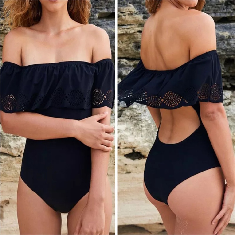 Chic Ruffled Strapless Laser cut Design One Piece - Picture 2 of 2