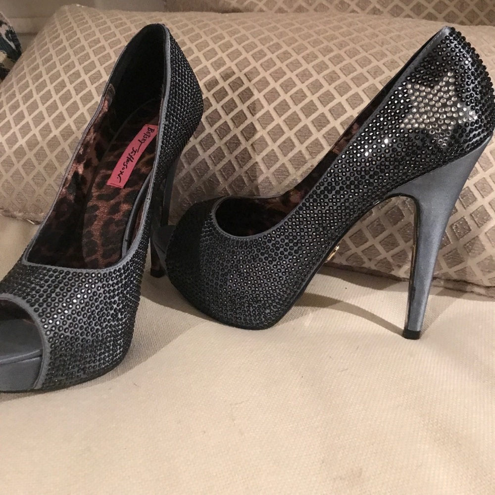 Betsey Johnson Sparkle Steel Blue Heels With Stars Gem
