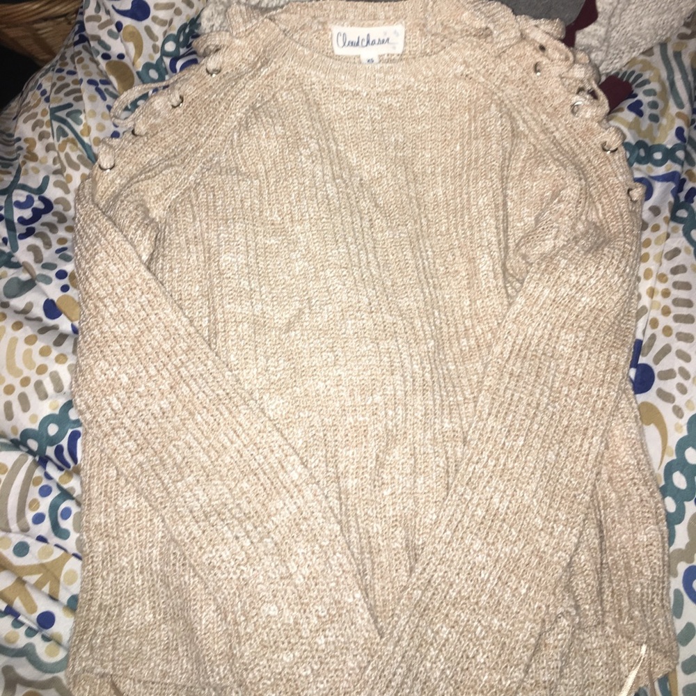Tan, laced up shoulder Sweater