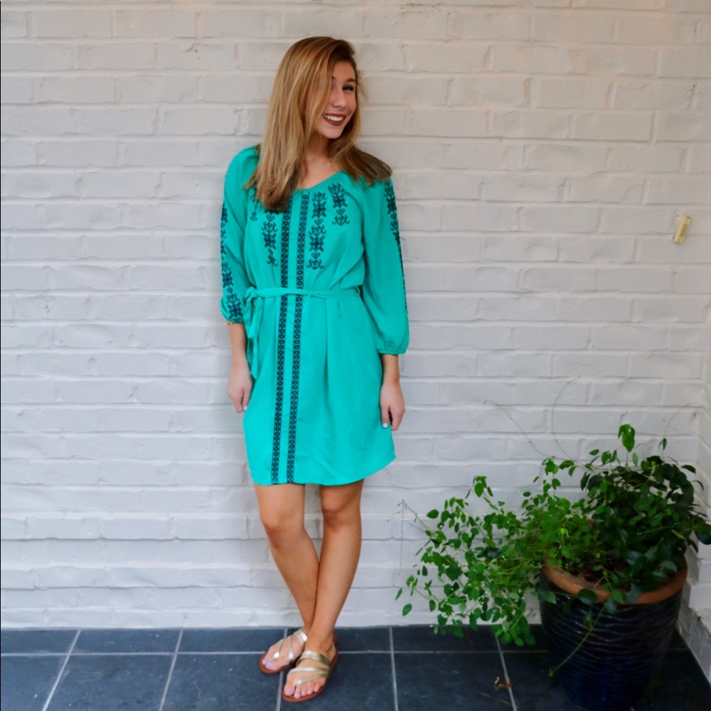 Turquoise Dress with Navy Embroidery