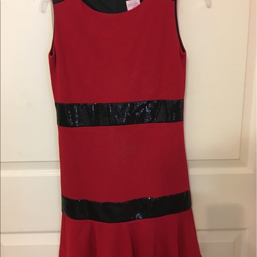 Red jersey and black sequin dress.