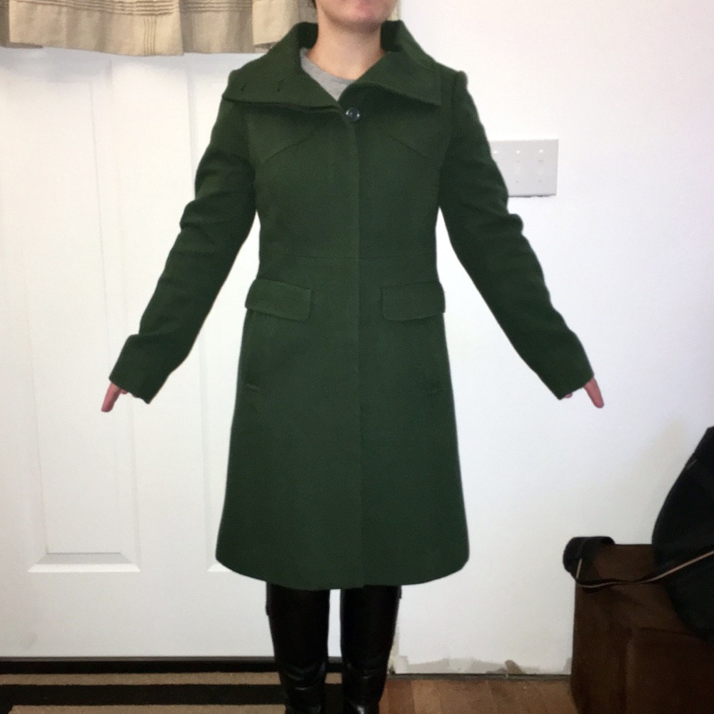Wool Canvas Funnel Neck Coat, Forest Green