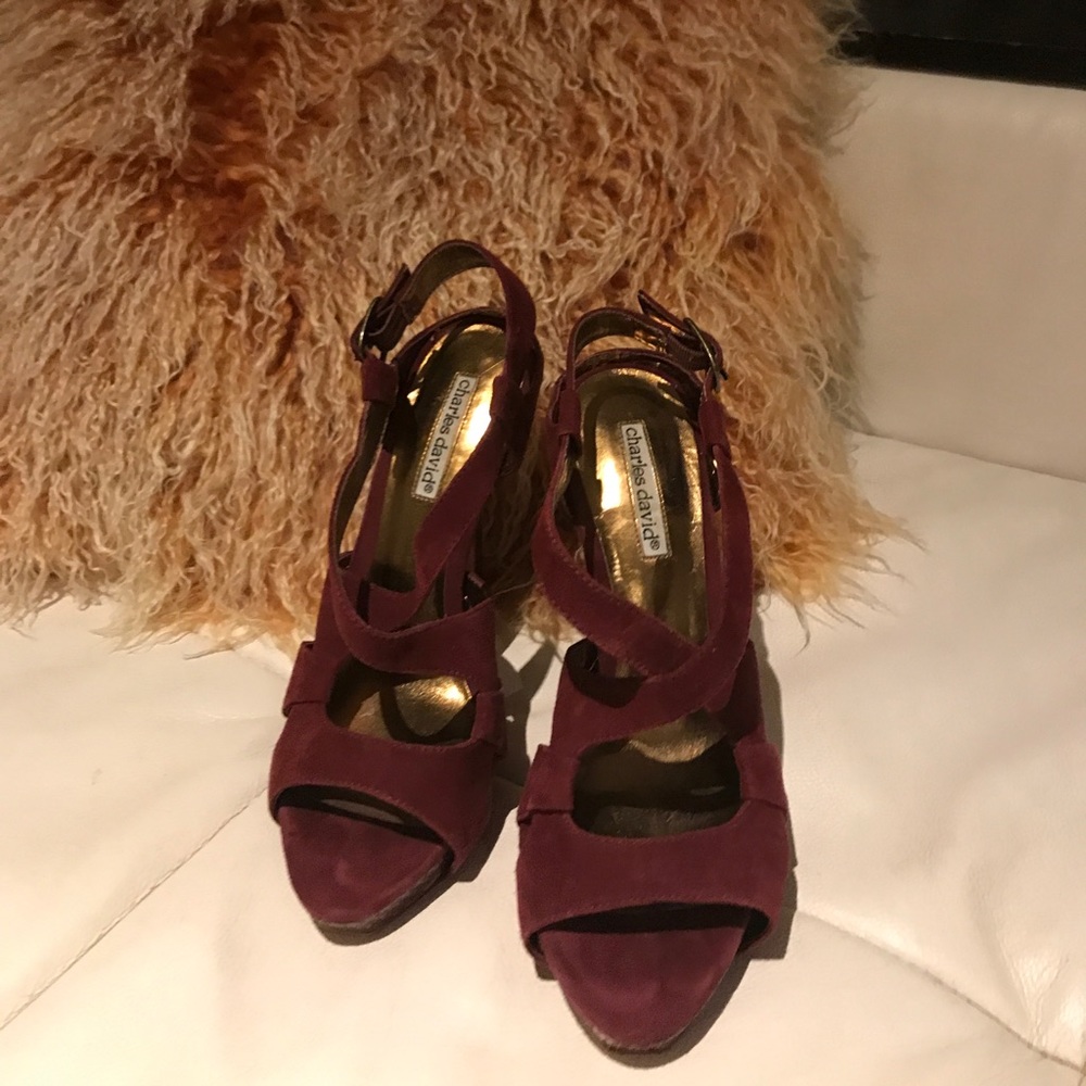 Charles David, red suede strappy heels snakeskin