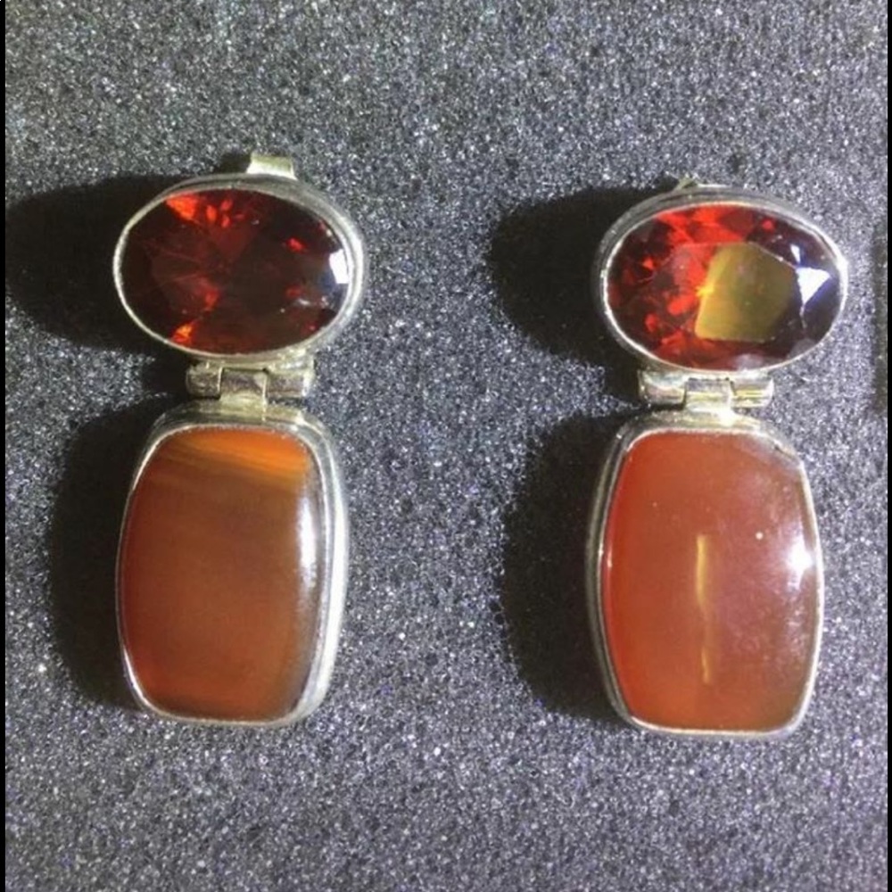 Carnelian Garnet 2-stone Silver Dangle Earrings
