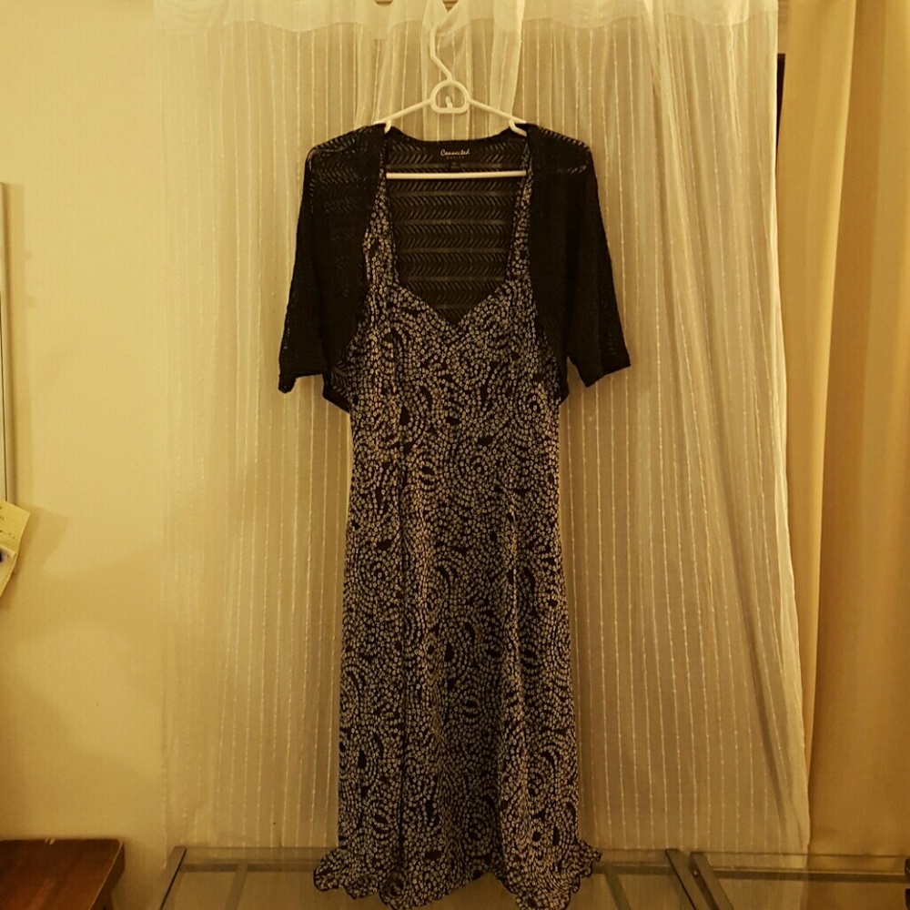 navy floral dress with cardigan