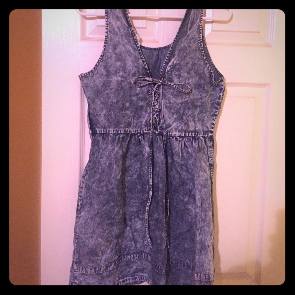 Denim washed tank dress with tie detail