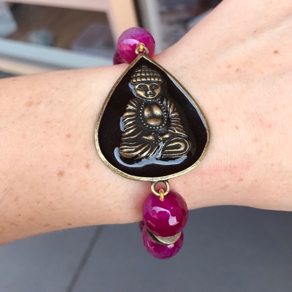 Pink agate Buddha Beaded stretch Bracelet - Picture 9 of 16