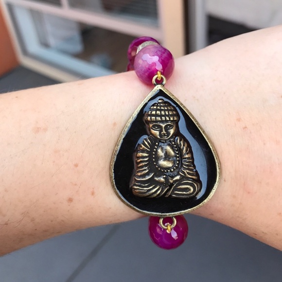 Pink agate Buddha Beaded stretch Bracelet - Picture 11 of 16