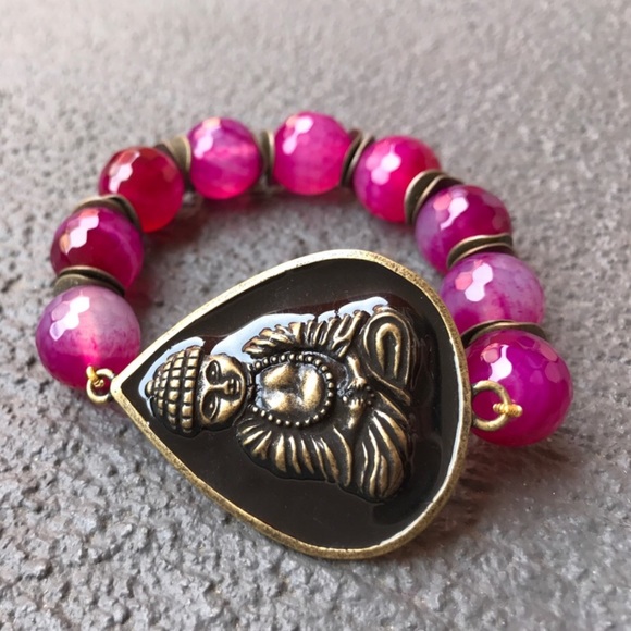 Pink agate Buddha Beaded stretch Bracelet - Picture 13 of 16