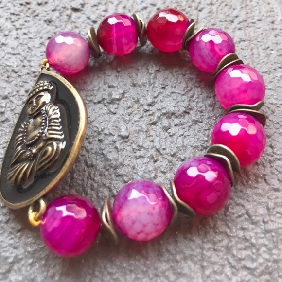 Pink agate Buddha Beaded stretch Bracelet - Picture 14 of 16