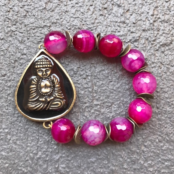 Pink agate Buddha Beaded stretch Bracelet - Picture 16 of 16