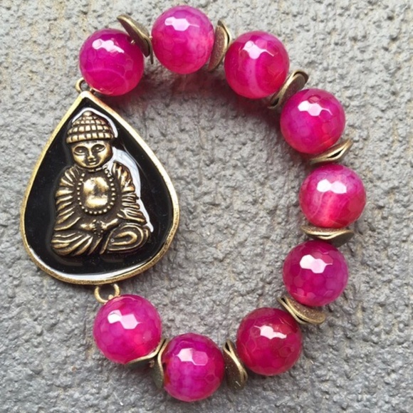 Pink agate Buddha Beaded stretch Bracelet - Picture 15 of 16