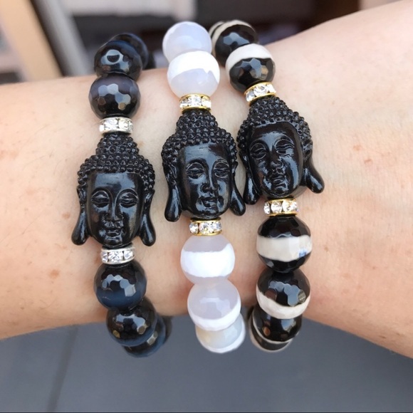 Striped Agate Buddha Beaded stretch Bracelet - Picture 7 of 12
