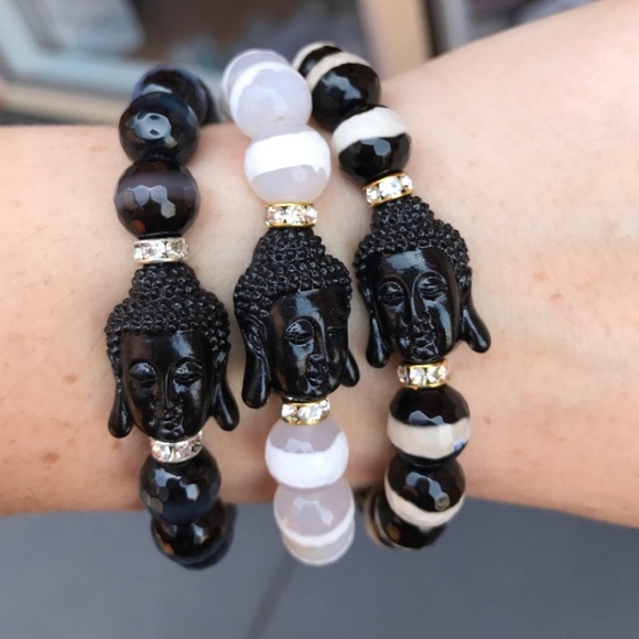 Striped Agate Buddha Beaded stretch Bracelet - Picture 10 of 12