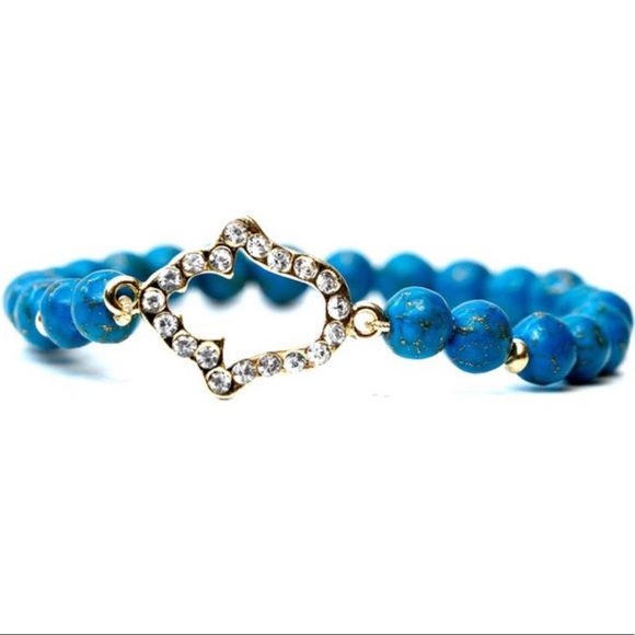 Hamsa turquoise Beaded stretch Bracelet - Picture 5 of 10
