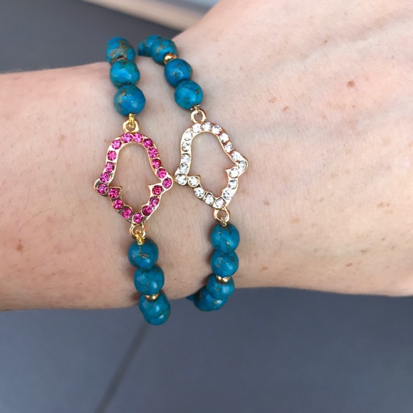 Hamsa turquoise Beaded stretch Bracelet - Picture 8 of 10