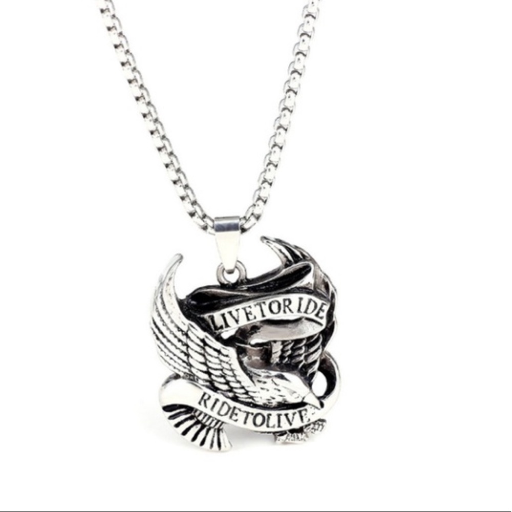 Live To Ride men's biker necklace silver overlay
