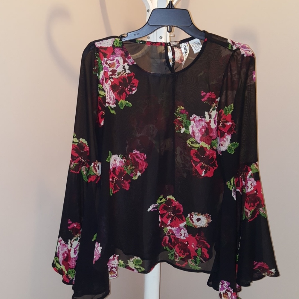 SOLD.  Flowered Black, Red, White & Green Top