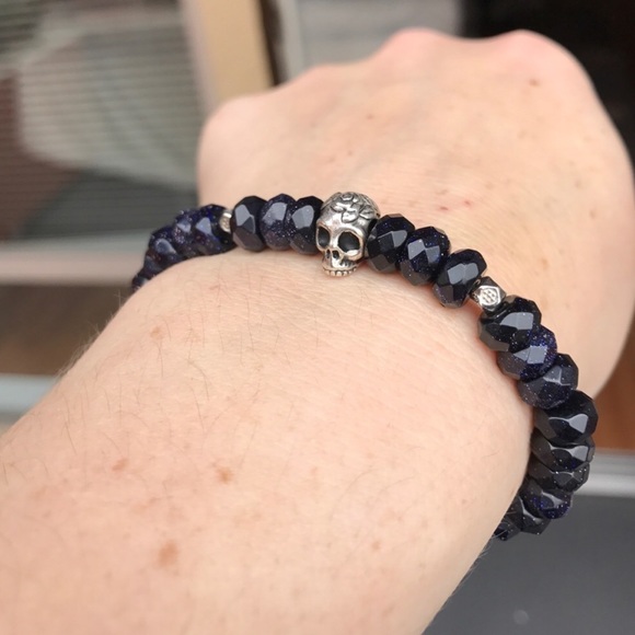 Skull blue goldstone beaded stretch Bracelet - Picture 2 of 4