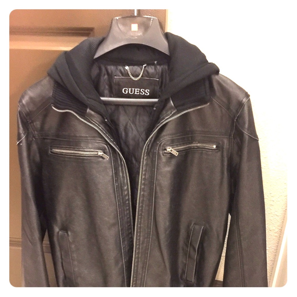 Men's Guess Leather Jacket with Hoodie