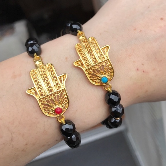 Hamsa black beaded stretch bracelet - Picture 8 of 10