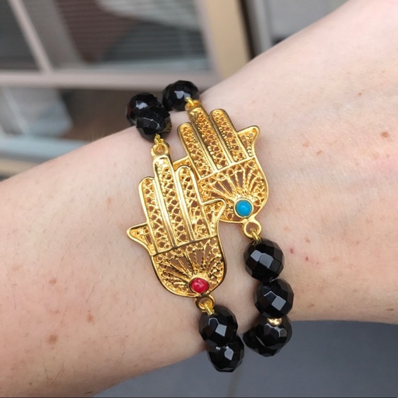 Hamsa black beaded stretch bracelet - Picture 9 of 10