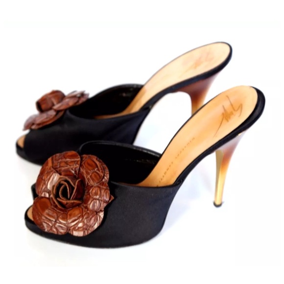 💜 Giuseppe Zanotti Black Satin Flower Shoes 37.5 - Picture 4 of 6