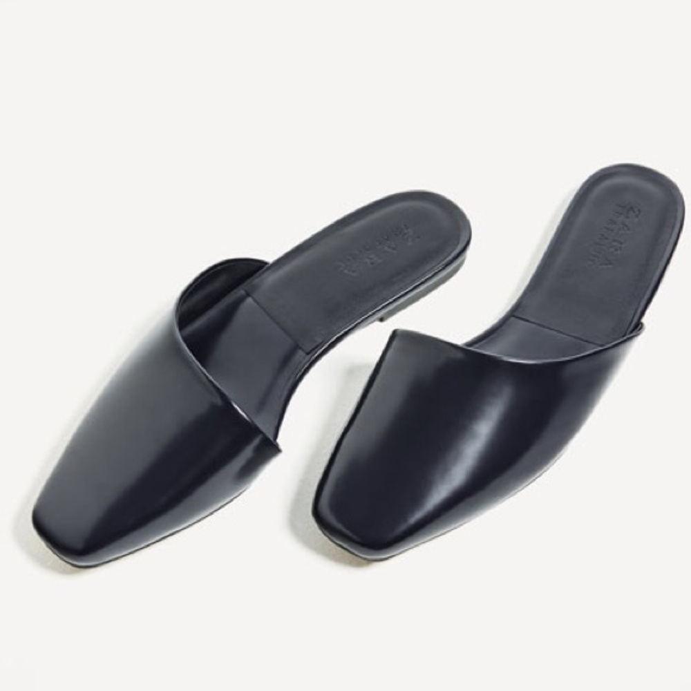 Zara flat navy blue asymmetric slides