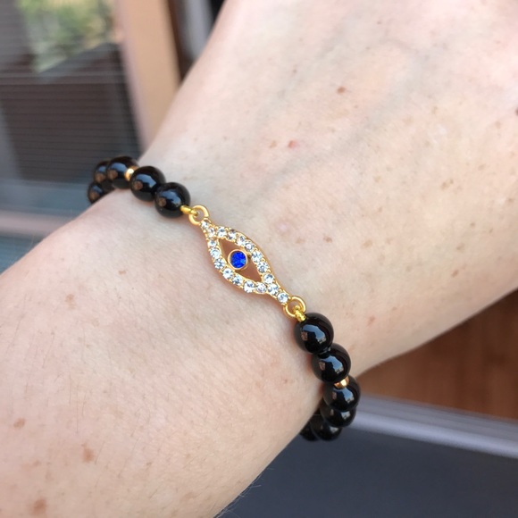 Evil Eye black agate Beaded stretch Bracelet - Picture 10 of 16