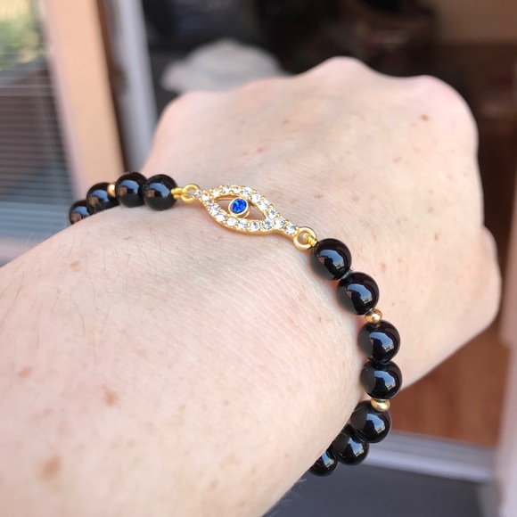 Evil Eye black agate Beaded stretch Bracelet - Picture 11 of 16