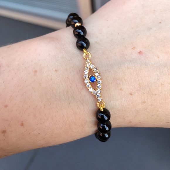 Evil Eye black agate Beaded stretch Bracelet - Picture 9 of 16