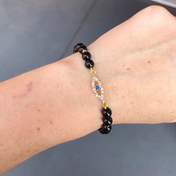 Evil Eye black agate Beaded stretch Bracelet - Picture 15 of 16