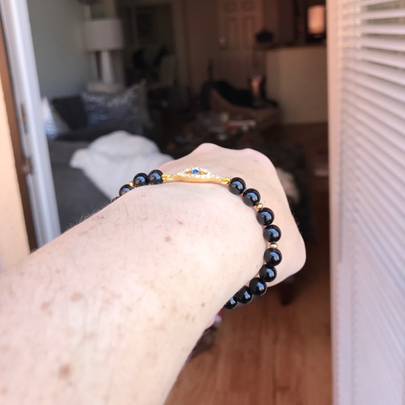 Evil Eye black agate Beaded stretch Bracelet - Picture 13 of 16