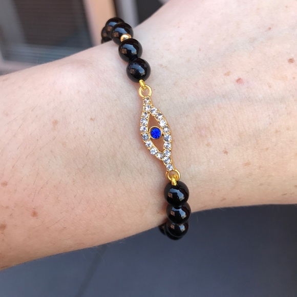 Evil Eye black agate Beaded stretch Bracelet - Picture 12 of 16