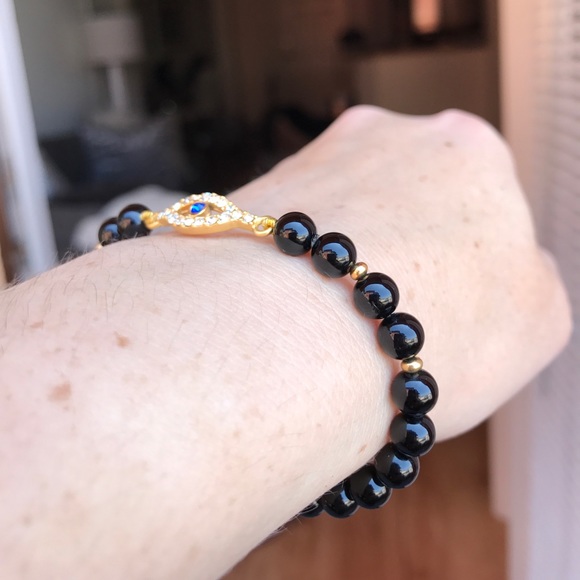 Evil Eye black agate Beaded stretch Bracelet - Picture 14 of 16